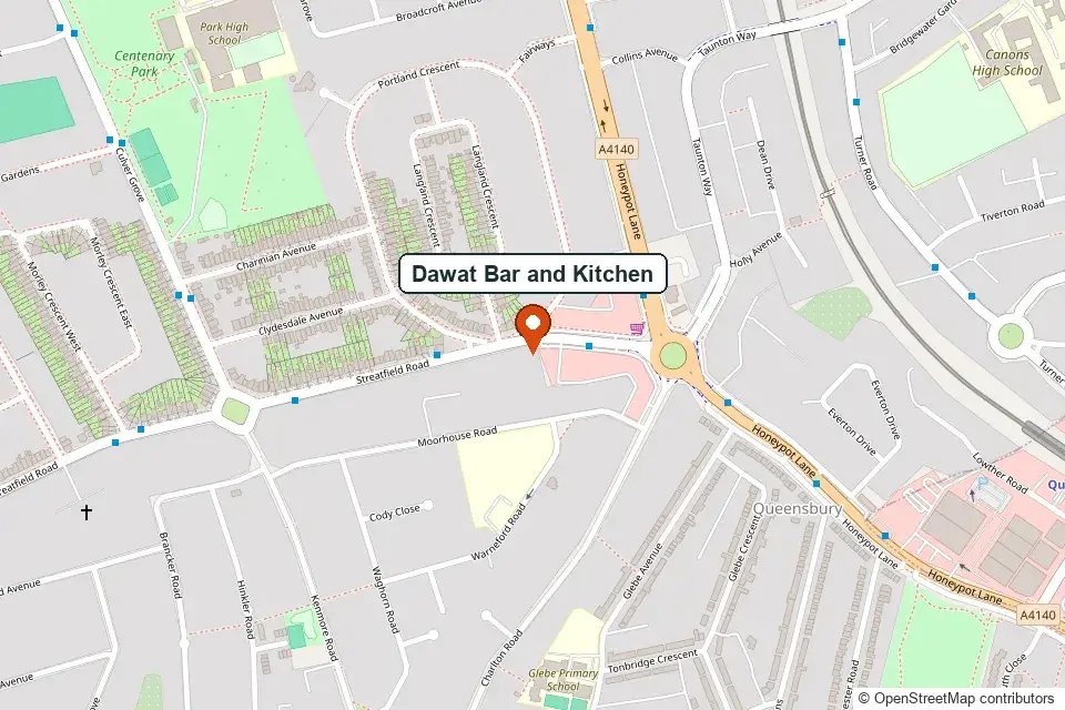 Map showing Dawat Bar and Kitchen on Streatfield Road, just off Honeypot Lane in Queensbury